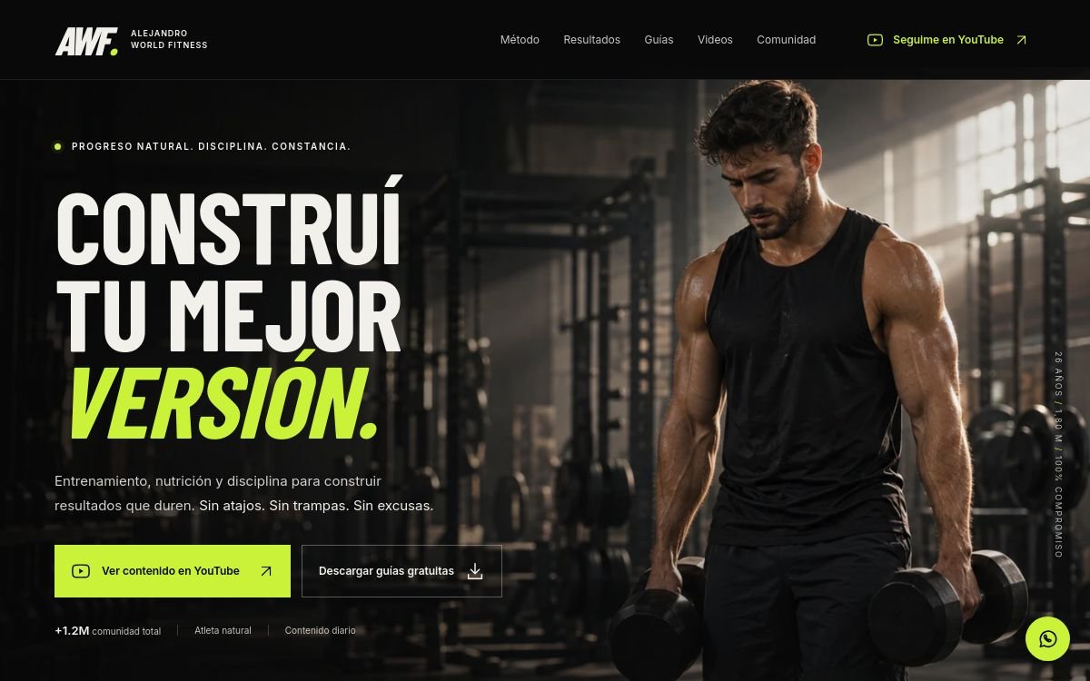 Captura original de Ale World Fitness: interfaz oscura, titular de gran tamaño y fotografía de entrenamiento